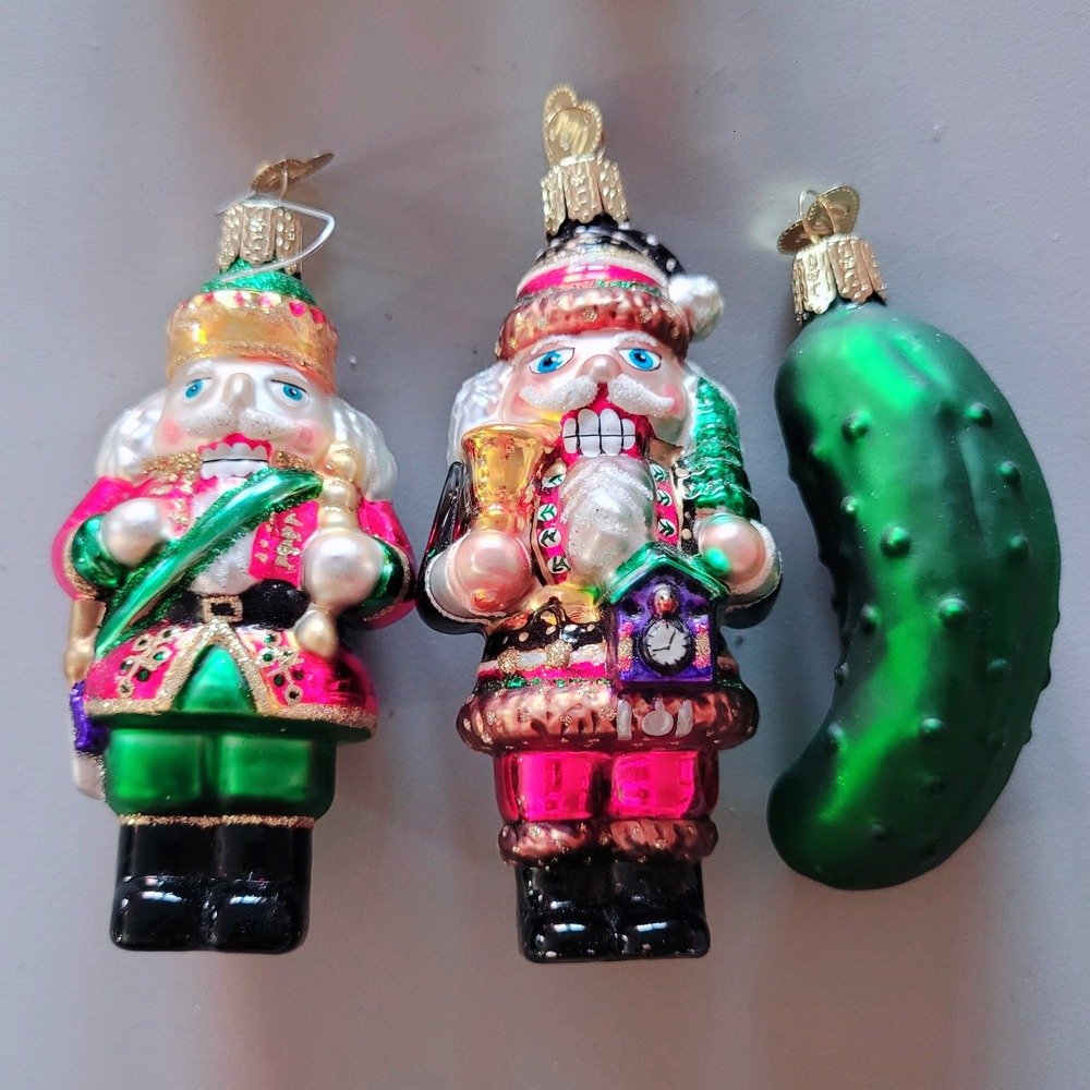 OWC‎ Christmas Ornaments Set Nutcracker, Santa, Pickle Glass Decorations Vintage